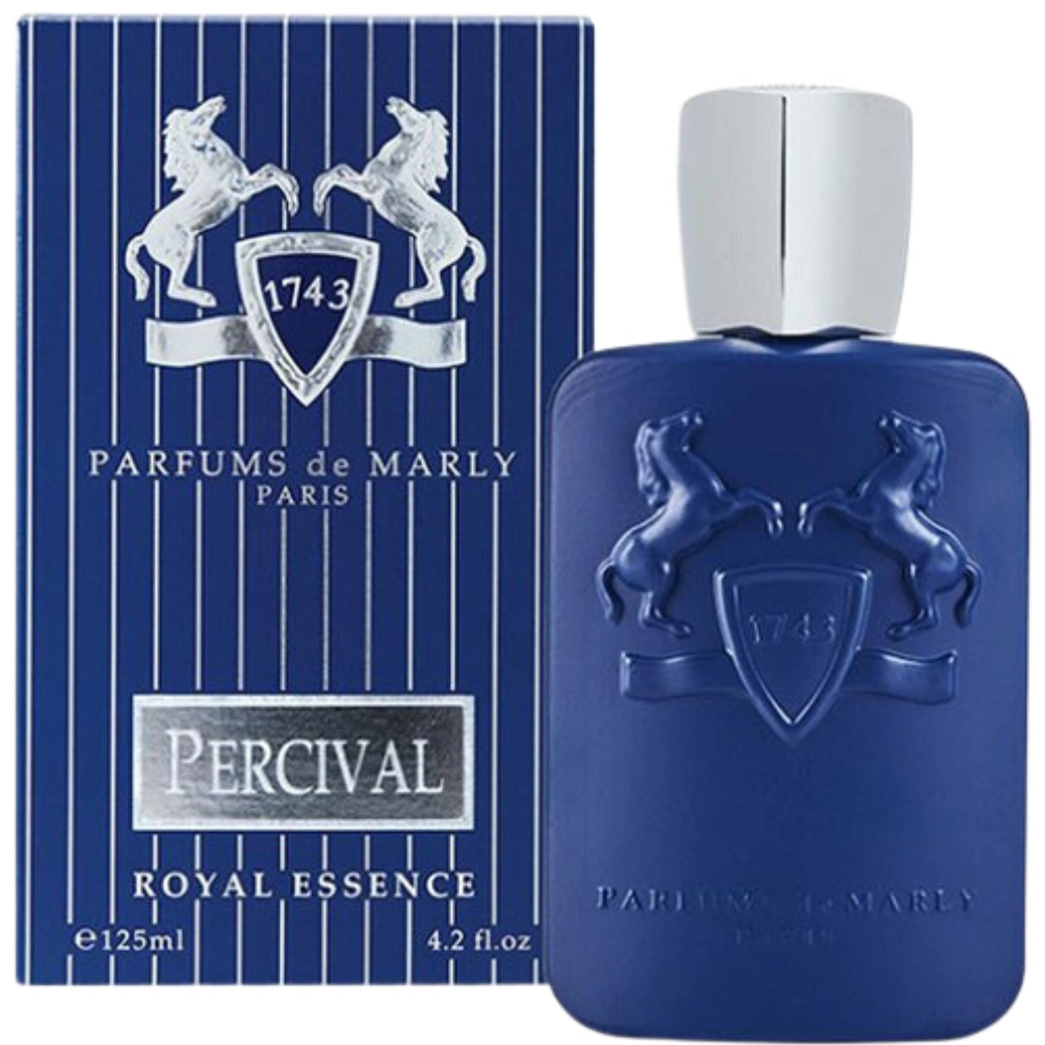 Parfums de Marly Percival Eau de Parfum bottle with a matte royal blue finish, embossed horse crest and silver cap.