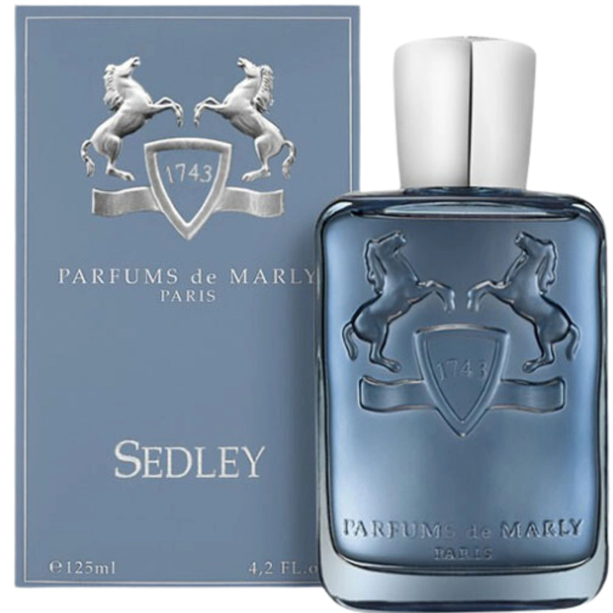 Parfums de Marly Sedley Eau de Parfum bottle with a translucent steel blue finish, silver cap and embossed horse crest.