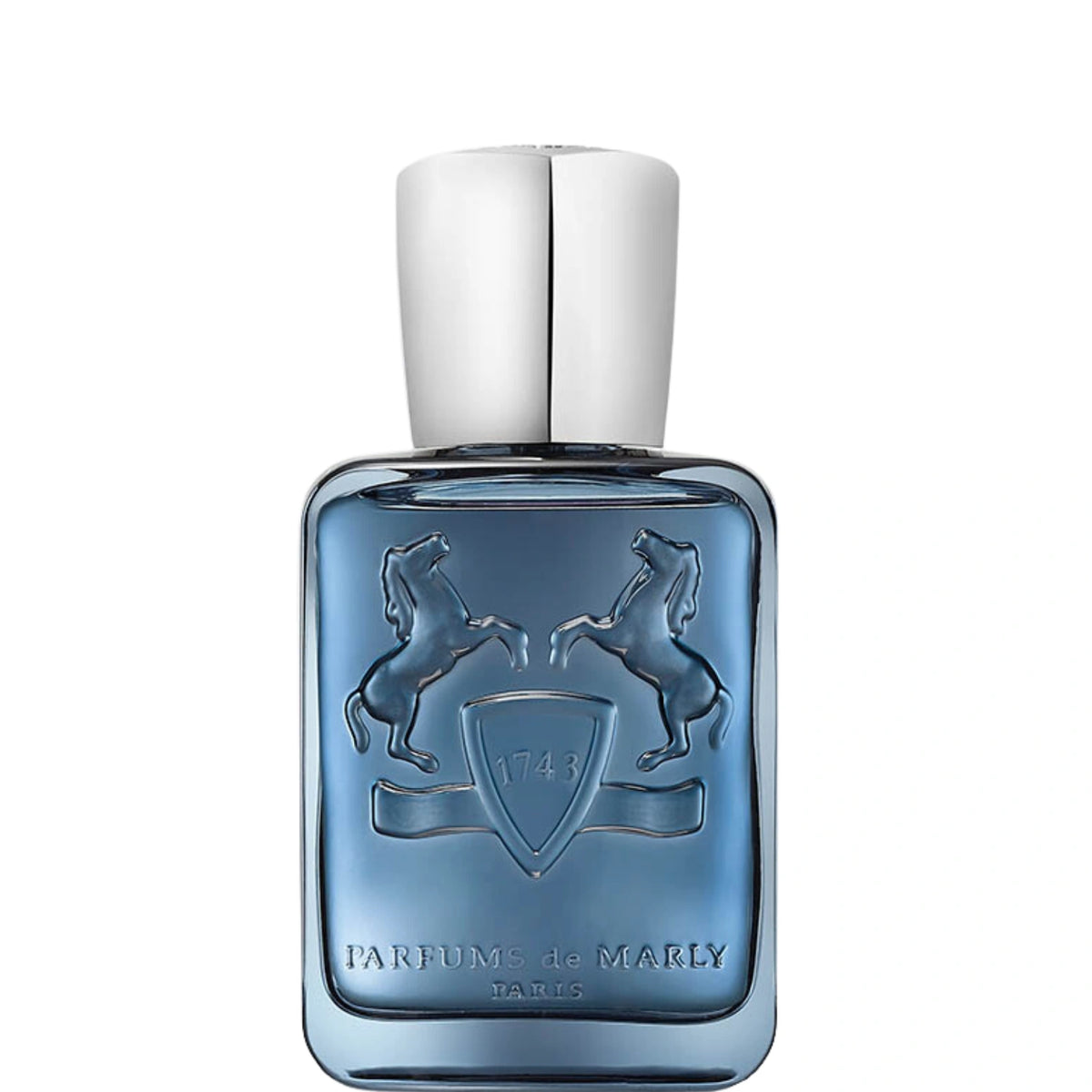 Parfums de Marly Sedley Eau de Parfum bottle with a translucent steel blue finish, silver cap and embossed horse crest.