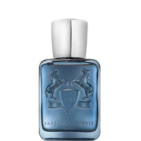 Parfums de Marly Sedley Eau de Parfum bottle with a translucent steel blue finish, silver cap and embossed horse crest.
