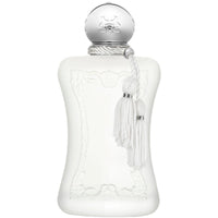 Parfums de Marly Valaya Eau de Parfum bottle with a matte white finish, silver cap, and white decorative tassel.