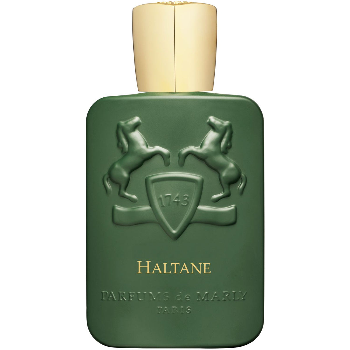 Parfums de Marly Haltane Eau de Parfum bottle front view with matte green bottle, gold cap and embossed horse crest.