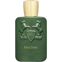 Parfums de Marly Haltane Eau de Parfum bottle front view with matte green bottle, gold cap and embossed horse crest.