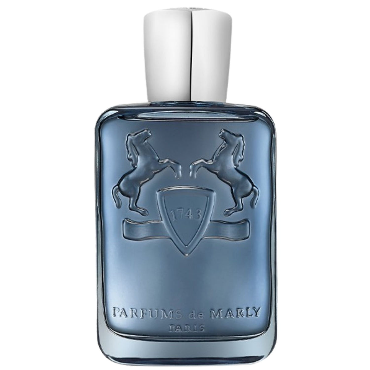 Parfums de Marly Sedley Eau de Parfum bottle with a translucent steel blue finish, silver cap and embossed horse crest.