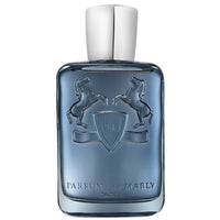 Parfums de Marly Sedley Eau de Parfum bottle with a translucent steel blue finish, silver cap and embossed horse crest.